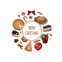 Hand drawn vintage sketch of christmas festive food and desserts in colored style, isolated vector illustration