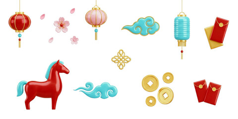 3D Chinese New Year set with red horse lanterns gold coins envelopes and clouds for holiday design isolated.