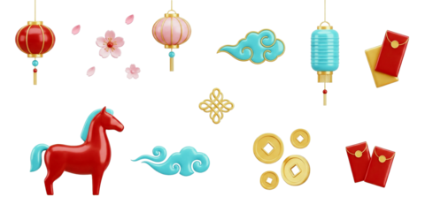 3D Chinese New Year set with red horse lanterns gold coins envelopes and clouds for holiday design isolated.