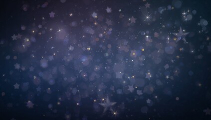 Glowing star bokeh and circular hex light spots filling navy backdrop, sparkle flares, vignette