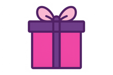 Pink gift box with purple ribbon and bow, symbolizing celebration, holidays, and receiving a surprise present