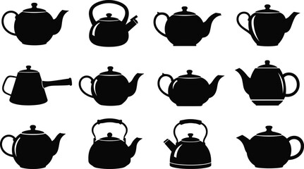 Tea Pot and Kettle Silhouette Collection, Various Teapots, Kitchenware, Hot Beverage Container, Tea Time, and Home Appliance Icon Set, Isolated Vector Design