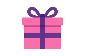 Gift box colored in pink and purple, representing celebration, presents, holidays, and receiving a surprise, flat vector, transparent background