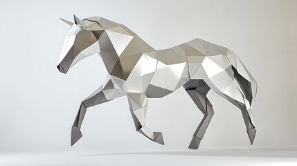 Geometric unicorn sculpture standing proudly against a stark white backdrop, its multifaceted design showcasing a modern artistic vision with clean lines. Elegant and captivating.