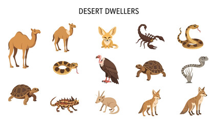 A collection of twelve brown and tan desert animal illustrations on a white background © Faisal
