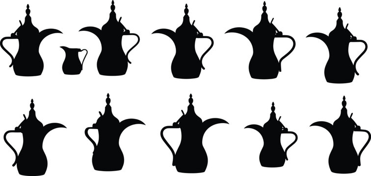 Arabic coffee pot silhouette set, traditional dallah vector icons, cultural pitcher shapes, black flat illustration, cad drawing flat vector illustration