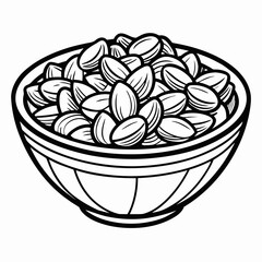 A black and white line drawing depicts a bowl overflowing with almonds.