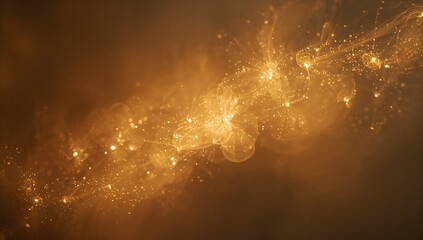 Glowing golden particle cluster forming diagonal streamer in dark amber backdrop, filaments, bokeh