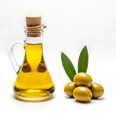 Olive oil in a glass bottle with olives and leaves isolated on white background