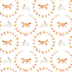 Circular Woodland Motifs with Foxes and Rabbits Pattern