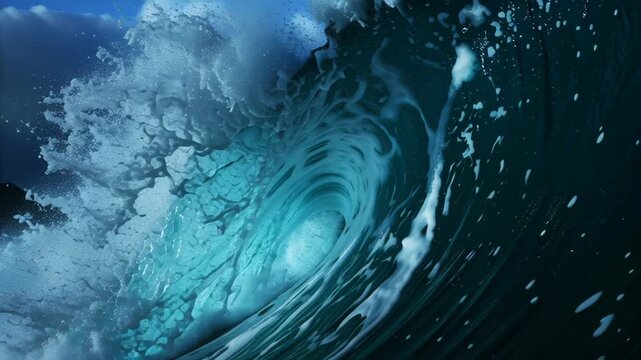Big ocean waves crashing with strong motion concept. The dynamic blue water showcases the power and beauty of the sea.