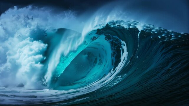 Big ocean waves crashing with strong motion concept. A vivid display of powerful, dynamic water in a dramatic setting.