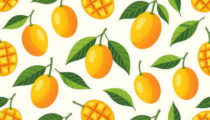 Obraz premium Tropical Fruit Pattern Background Vector Illustration - Fresh Kumquat and Mango Cubes with Leaves on Cream Background