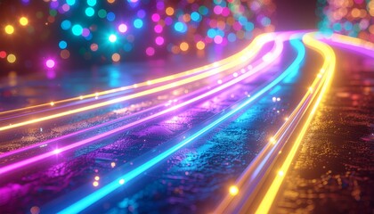Vibrant neon light trails on a city road at night with colorful blur