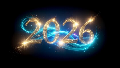 Glowing neon numbers representing the year twenty twenty six in a dark background