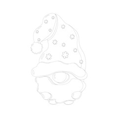 Black and white line art of festive gnome with tall snowflake hat, pom-pom, and curly beard. Ideal for Christmas coloring pages, decorations, or winter-themed designs.