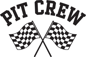 Pit crew text and crossed racing flags graphic design