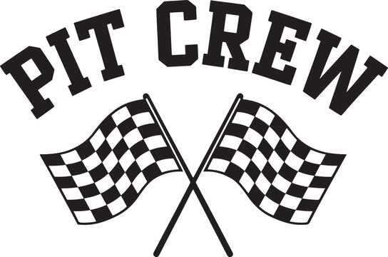 Pit crew text and crossed racing flags graphic design