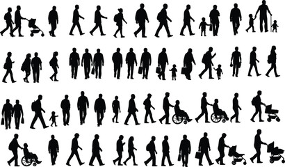 Public interaction silhouette set, walking figures vector, stroller wheelchair icons, diverse human shapes, cad drawing flat vector illustration