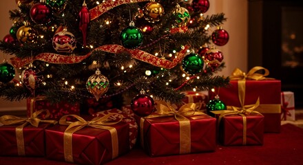 Christmas tree decorated with colorful ornaments and gifts underneath  