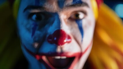 Intense close-up portrait of a clown with dramatic face paint and piercing gaze under cinematic lighting, creating an unsettling and emotional atmosphere