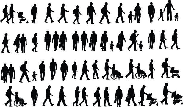 Public interaction silhouette set, walking figures vector, stroller wheelchair icons, diverse human shapes, cad drawing flat vector illustration