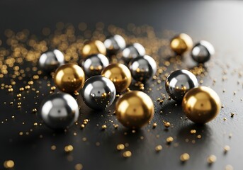 Closeup of shiny metallic marbles in gold and silver scattered on a dark reflective surface with golden glitter