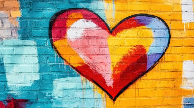 Colorful heart mural on a vibrant wall conveying love and positivity in an urban setting