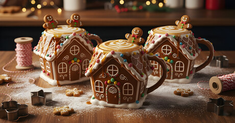 Three Festive Gingerbread House Mugs with Whipped Cream and Caramel on Flour-Dusted Wood, Surrounded by Cookie Cutters in a Cozy Warm Kitchen Setting.
