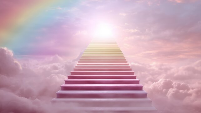 cinematic pastel rainbow bridge rising toward heavenly light