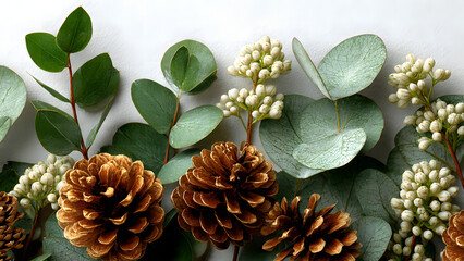 Elegant natural winter decor arrangement featuring organic pine cones and fresh green eucalyptus foliage on a clean white background, ideal for seasonal themes and rustic design projects