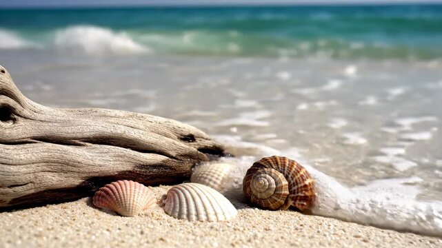 Seashells and Driftwood on a Sandy Beach with Gentle Waves.