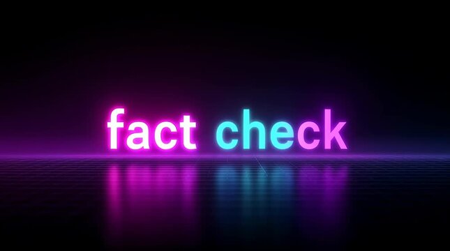 Neon fact-check text glowing above a futuristic soundwave pattern on a reflective grid floor with vibrant cyan and magenta lighting