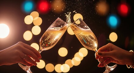 New Year’s Eve celebration with champagne glasses raised in a festive toast among shimmering lights. A vibrant party atmosphere