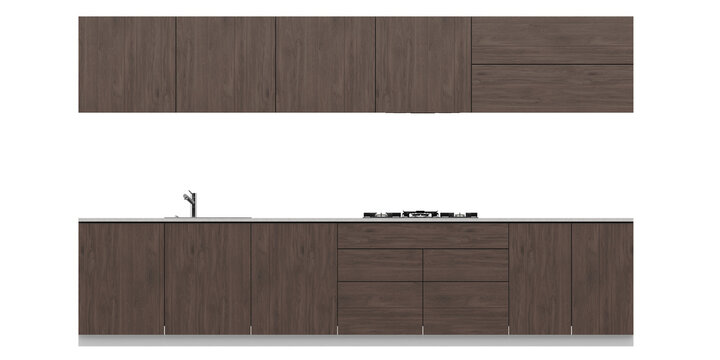 Front View Modern Dark Walnut Wood Kitchen Cabinet Set with Flat Panel Doors, Sink and Stove, Isolated on Transparent Background