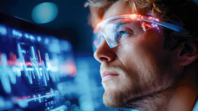 Man wearing smart glasses analyzing digital data on a futuristic screen, representing AI, analytics, and advanced technology