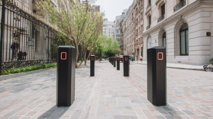 Rows of sleek parking bollards with bright red lights line the walkway, guiding pedestrians through a vibrant urban space surrounded by elegant buildings and greenery