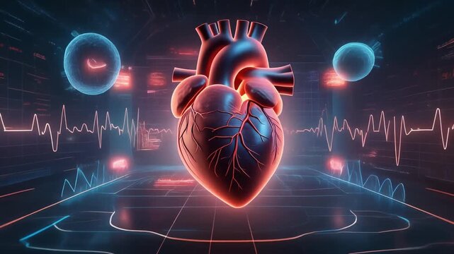 Anatomical heart with glowing pulse monitor and abstract futuristic background