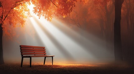 Bench in serene autumn with sunbeams creating mystic atmosphere