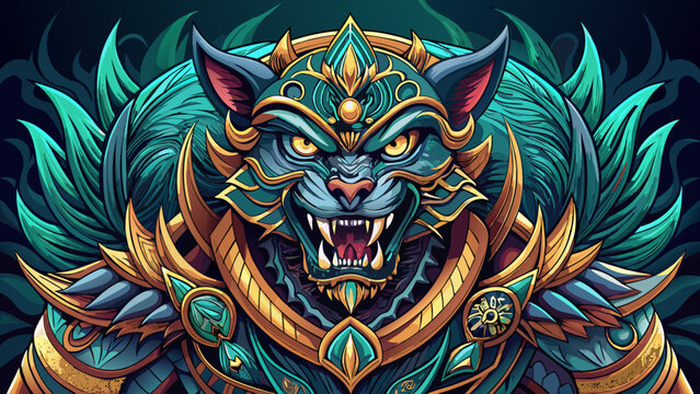 Very beautiful stylized depiction of a fierce shape-shifting creature from ancient epics, featuring ornate patterns, sharp claws, dramatic expression, and balanced vector composition ideal for fantasy
