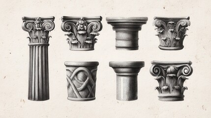 Ancient Greek Roman column capitals showcasing classic architectural styles