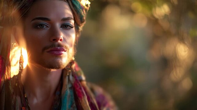 Profile close up of beautiful gender fluid man with beard and shimmering makeup in golden hour