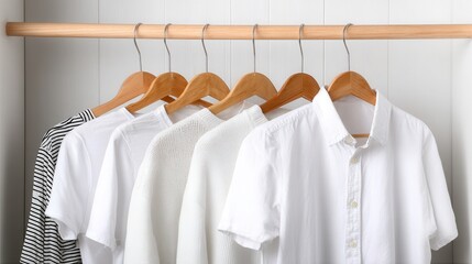 Minimalist wardrobe organization with white shirts on wooden hangers