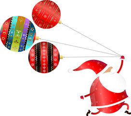 Cheerful Santa Claus runs with Christmas tree balls in his hand