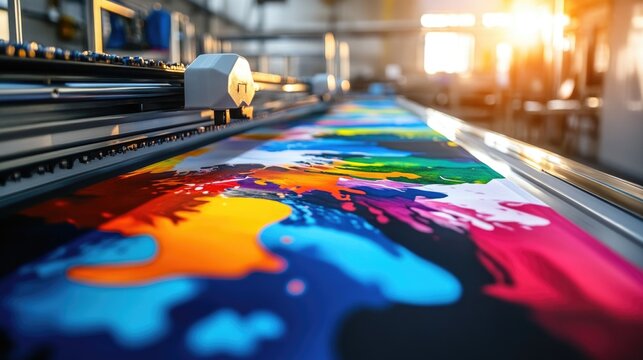 Colorful printed shirts on a conveyor belt in a sublimation and dts printing setup