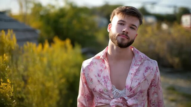 Confident gay man with beard wearing pink floral crop top touching hair.