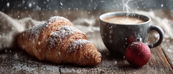 Cozy Christmas winter lifestyle web header with steaming coffee cup, croissant and red bauble on snowy wooden table