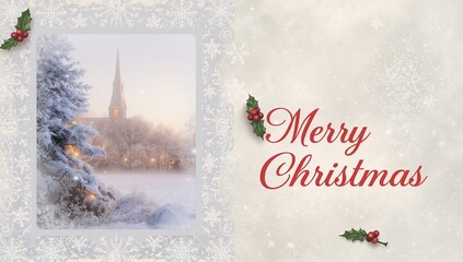 Featuring large red Merry Christmas script with holly sprig on cream-beige card, snowy vignette