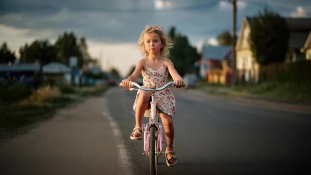 A little girl in a floral dress pedals a pink bicycle down a quiet sunlit town street.