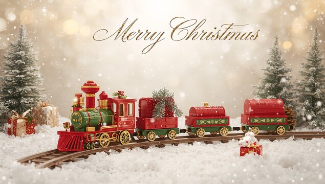 Running vintage red and green toy train on snowy tabletop, carrying wreath and plush gift